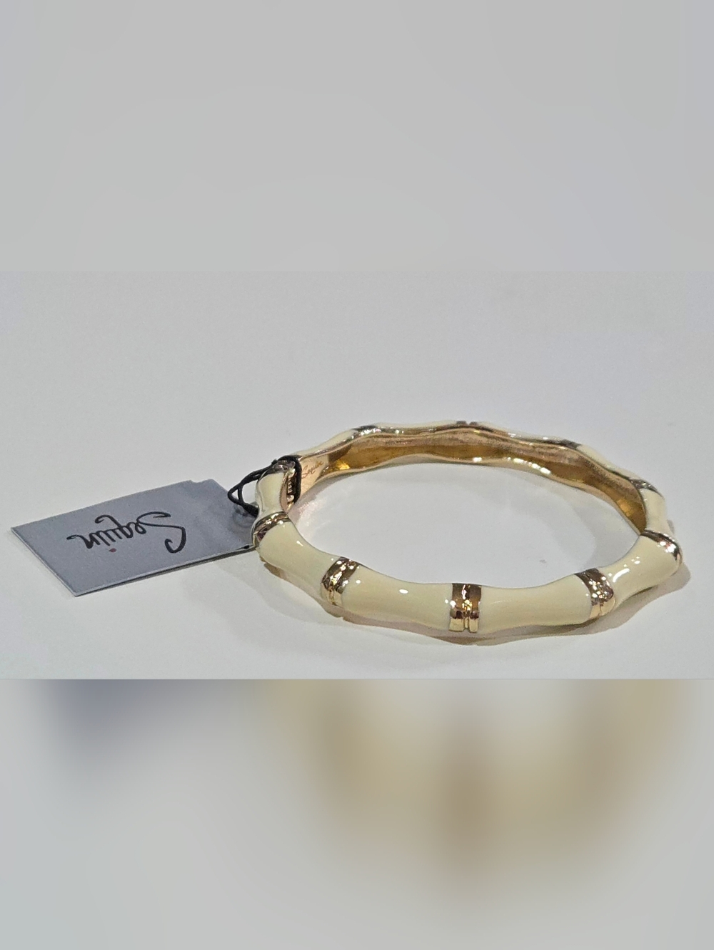 Nordstrom Sequin NYC Cream Enamel Gold Bamboo Hinged Bangle Bracelet NWT - Picture 3 of 6